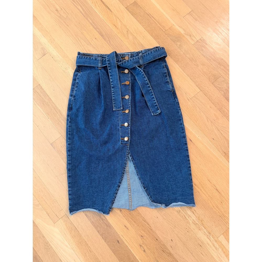 Velvet Heart Ginger Pencil Skirt Denim Button Front Tie Belt Midi Blue 28